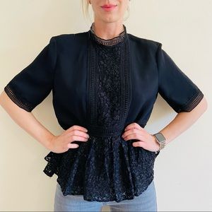 Zara black floral lace trim Mock neck Pep Hem Short Sleeve Blouse Top Black L